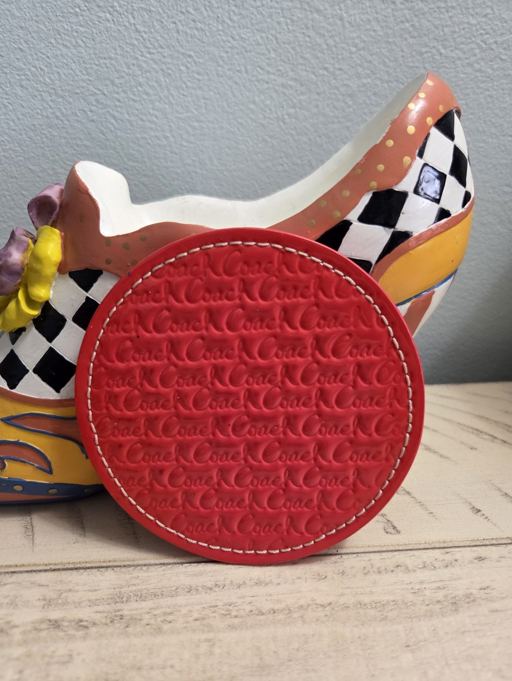 Coach Logo Embossed Leather Coasters Red & Teal, Set of 2 EUC - Picture 4 of 8